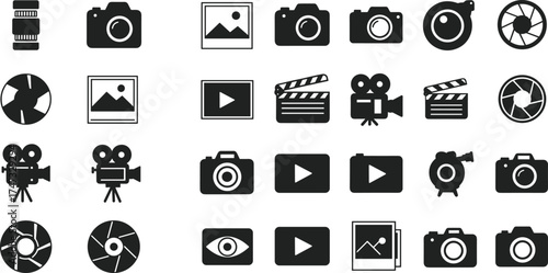 Photography and videography icon set, camera and video symbols, multimedia equipment illustration, photo editing icons, creative digital production graphic design collection