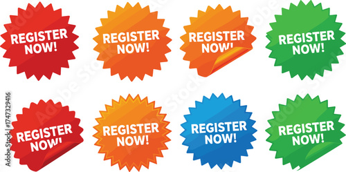  Register now stickers collection, colorful sale badges set, promotional vector labels for marketing, web banner, website button, advertising campaign, registration call icons