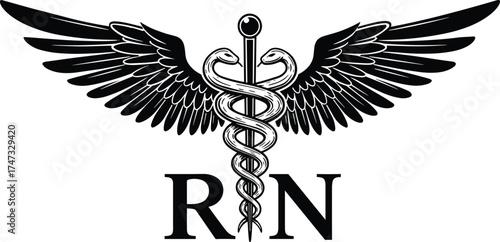  Registered nurse caduceus vector, medical staff symbol with wings and snakes, RN healthcare logo, nurse profession emblem, hospital and clinic design