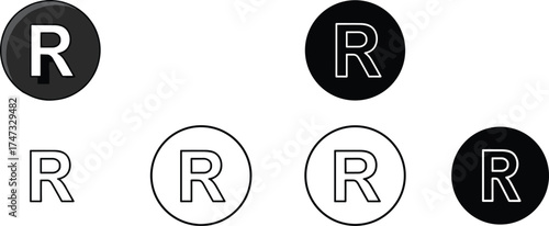 Registered trademark R symbol vector set, black and white circle icons collection, minimalist design for branding, business identity, copyright, and logo registration.