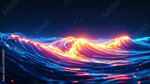 Futuristic glowing neon waves of light energy flowing across digital ocean under starry sky