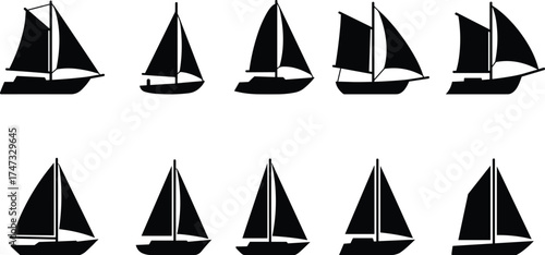  Sailboat silhouette vector collection, black yacht icons, sailing ship illustration set, marine design elements for nautical, travel, and ocean adventure concept