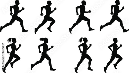  Running silhouettes vector illustration, male and female runners in motion, athletic exercise poses, jogging training icons, fitness sport concept, black silhouette design