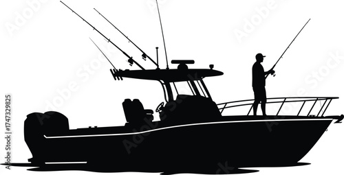 Silhouette fishing boat with fisherman casting line, offshore angler at sea, recreational fishing vessel, sport fishing adventure, marine outdoor illustration vector