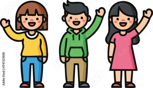A diverse group of three happy cartoon children waving hello.