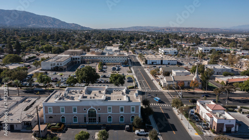 Afternoon view of buildings in downtown Corona, California, USA.