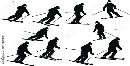  Skiing silhouette collection, winter sports vector illustration, skier action poses, mountain adventure design for outdoor activity, snow recreation, athlete movement, sport and fitness concept