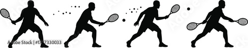  Tennis player silhouette vector, man hitting ball, athlete playing tennis, sports action pose, racket motion sequence, active male sport illustration, training concept design