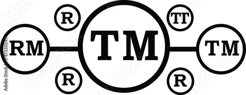 Trademark and registered symbols connected network design, RM R TT TM letters illustration, intellectual property and brand protection vector for corporate identity concept.