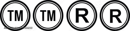  Trademark and registered symbols vector illustration, TM and R icons in circles, intellectual property, logo protection, copyright, brand ownership, legal design elements