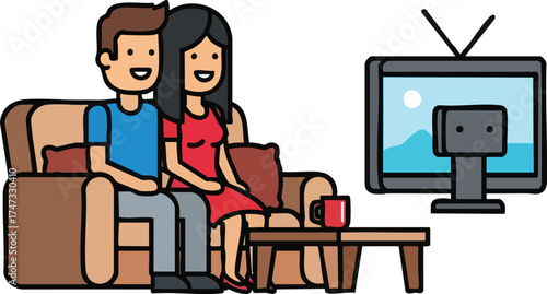 Happy couple sitting on the couch watching television together at home.