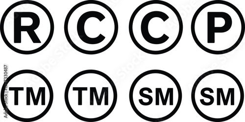 Trademark, copyright, registered, and service mark symbol vector icons, legal intellectual property protection design, black outline circle label signs for brand identity use.