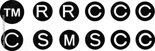  Trademark, copyright, registered and service mark logo collection, intellectual property protection icons, black and white circular symbols, legal brand ownership vector illustration