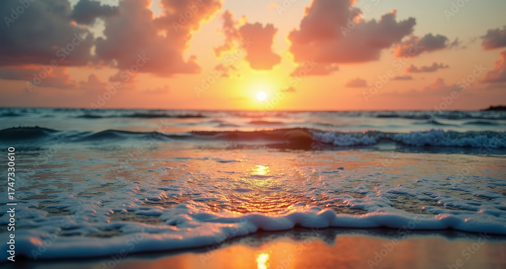 Naklejka premium Ocean Sunset Serenity: The sun dips below the horizon, painting the sky with vibrant hues as gentle waves caress the shore, creating a scene of peace and tranquility. 