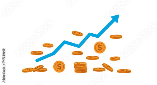 Illustration of a blue arrow pointing upwards with gold coins scattered around it.