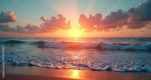 Sunrise over the Sea: The sun begins its ascent, casting a warm glow over the sea as the waves gently kiss the shore, ushering in a new day.