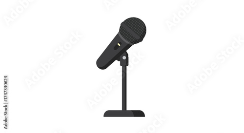 Illustration of a black microphone on a stand against a white background.