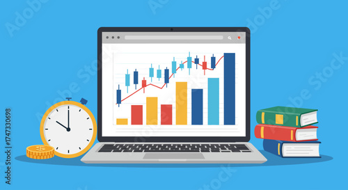 Laptop showing a stock market chart with books, clock and coins on a blue background.