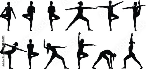  Yoga poses silhouette collection, women performing balance exercises, fitness workout illustration, meditation and stretching vector, healthy lifestyle art for wellness and relaxation