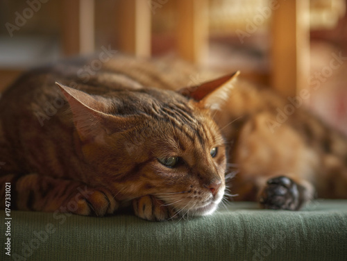 Portrait of a sad bengal cat at home. Closeup.	