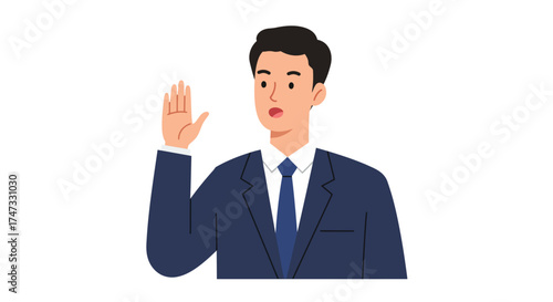 Man in suit raising hand, possibly taking an oath or making a pledge.