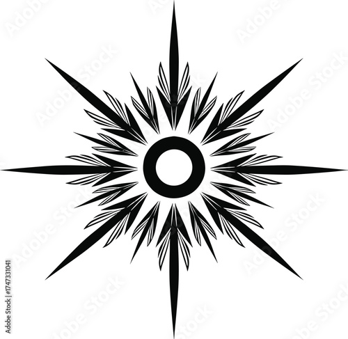 Abstract black starburst mandala vector illustration with sharp symmetrical decorative shapes, geometric design element, tattoo ornament, modern art pattern