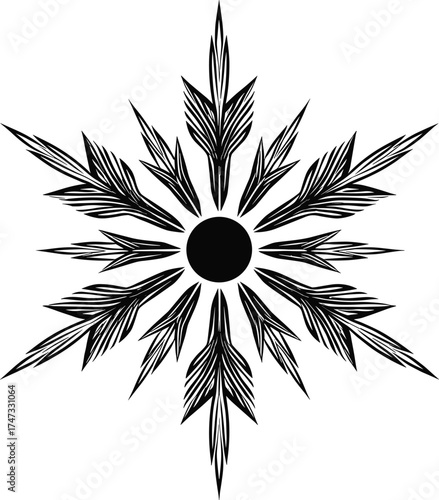 Abstract geometric snowflake star mandala vector illustration with sharp symmetrical black decorative shapes for tattoo design pattern decoration artwork