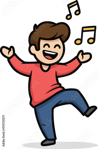 Happy boy dancing with music notes in the air.