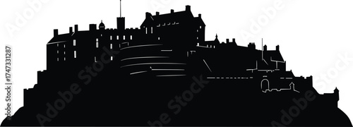 Ancient castle silhouette on hill with towers, battlements, and chimneys — medieval fortress vector for heritage, travel, and fantasy themes