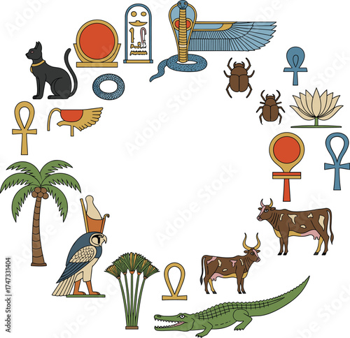 Ancient Egyptian vector illustration of mythological symbols, gods, sacred animals, and nature icons arranged in a circular ornamental design.