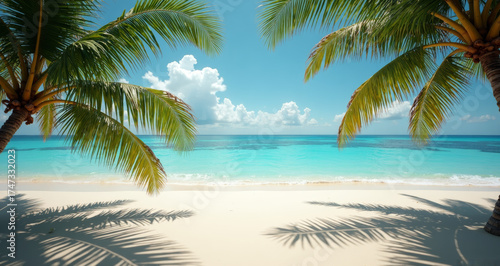 Tropical Paradise: A sun-kissed beach with palm trees swaying gently in the breeze, offering a serene escape where the turquoise ocean meets the pristine sands under a clear, cloud-dotted sky. 