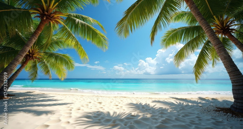 Tropical Beach Paradise: A vibrant tropical scene, showcasing a pristine beach with powdery white sand and crystal-clear turquoise water.