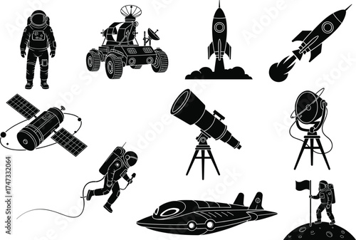 Astronaut, rocket, satellite, lunar rover, telescope, space shuttle, flag planting, silhouette icons, space exploration vector illustration for Adobe Stock