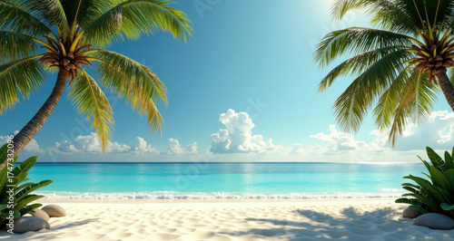 Paradise Beach: This image captures the essence of a tropical paradise, featuring pristine white sand, crystal-clear turquoise water, and gently swaying palm trees under a vibrant blue sky.