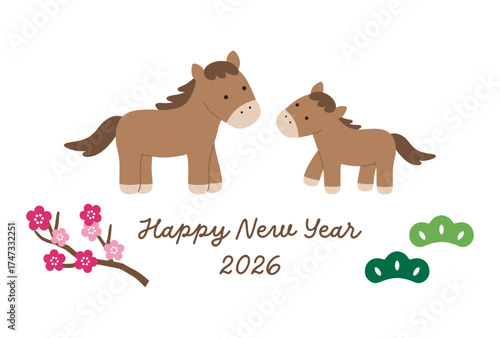 午年の年賀状のベクターイラスト。2026年、馬、かわいい、正月、テンプレート	