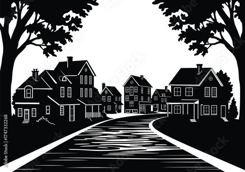 Beautiful suburban neighborhood street with traditional houses, trees, and winding road in black silhouette vector design for modern cityscape illustrationv