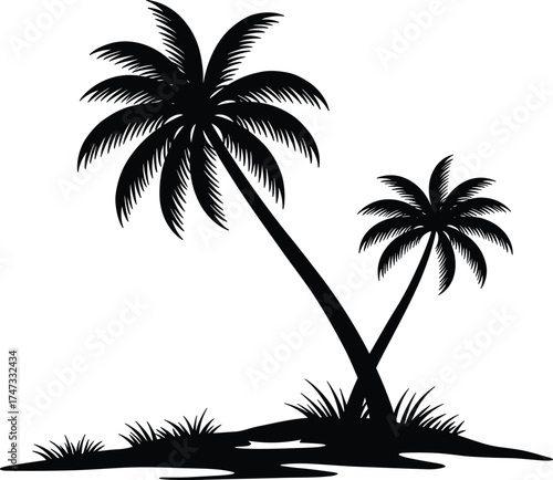 Beautiful tropical island silhouette with two palm trees and grass, exotic beach nature vector illustration for summer vacation design background.