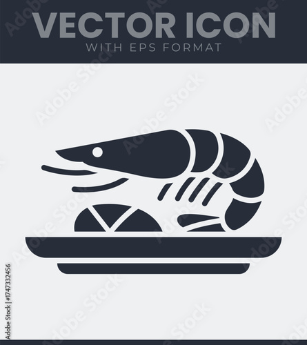 Shrimp seafood dish plate lemon vector icon