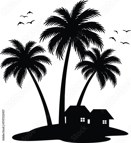 Beautiful tropical island silhouette with palm trees, small huts, and flying birds vector illustration for summer beach vacation design background.