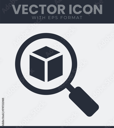 Magnifying glass searches for cube box vector icon