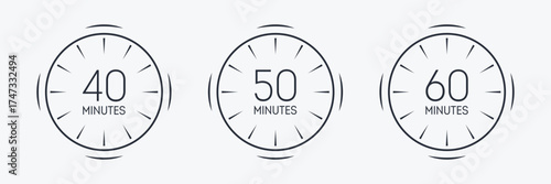 Three line art clock icons showing 40 50 60 minutes