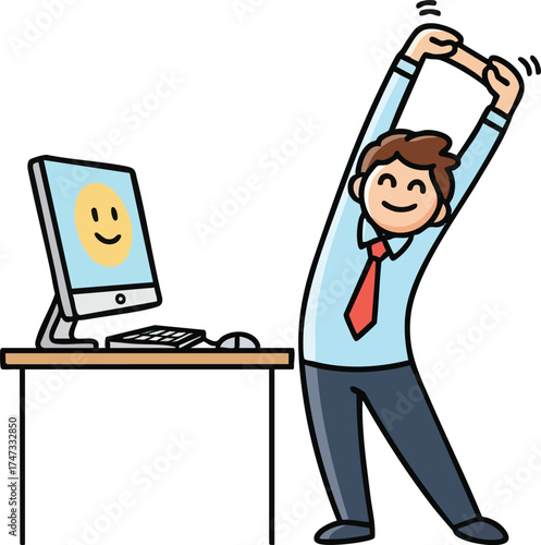 Office worker stretches after computer work feeling refreshed and happy.