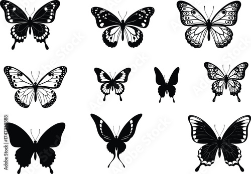 Black and White Butterfly Vector Set with Diverse Wing Shapes, Silhouettes, and Patterns for Nature, Tattoo, and Decorative Design