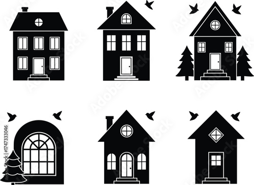 Black and White House Vector Collection Featuring Trees, Birds, Chimneys, Windows, Doors, Minimalist Architecture, Line Art, Real Estate Icons