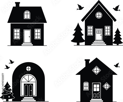 Black and White House Vector Set with Trees, Birds, Steps, Chimney, Windows, Minimalist Architecture, Line Art, Real Estate Icons