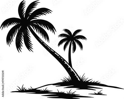 Black and White Palm Tree Silhouette Vector with Grass, Island Scene, Tropical Nature, Minimalist Design, Summer Vacation, Relaxation Concept