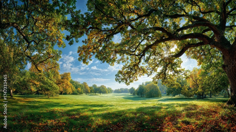Obraz premium Morning elegance: the majestic glow of an autumn meadow. Avant-garde shots. Autumn's mystic dance: meadow bathed in morning light and fog. Strange beauty. Edgy editorial.