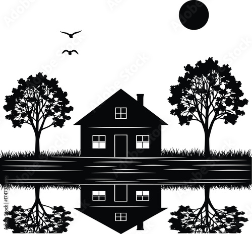 Black and white silhouette house with trees, birds, and water reflection for nature, landscape, decor, vector design, and illustration