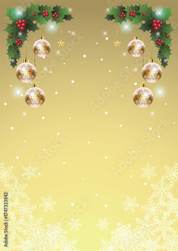 クリスマス背景25、イラスト、かわいい、縦、金、飾り、雪の結晶