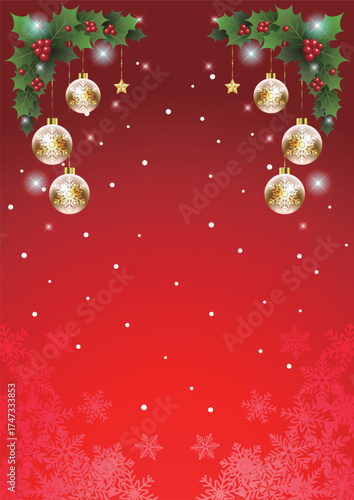 クリスマス背景25、イラスト、かわいい、縦、赤、飾り、雪の結晶
